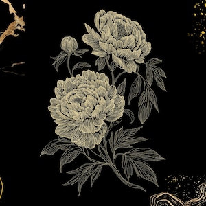 May include: A detailed illustration of peonies in a gold color, set against a black background. The floral design includes two large blooms, a bud, and several leaves. Gold accents are in the corners.