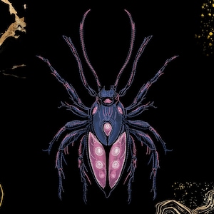 May include: A stylized illustration of a beetle centered on a black background. The insect features a dark blue body with intricate pink and purple patterns on its wings and legs, accented by gold marble-like textures in the corners.
