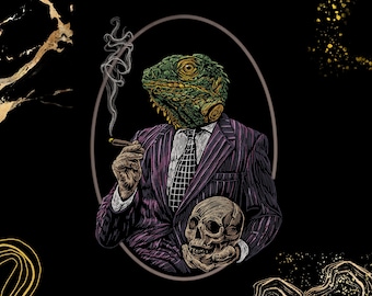 May include: A digital illustration of a lizard with a green textured head wearing a purple pinstriped suit, a white shirt, and a black grid-patterned tie. The figure holds a lit cigar with rising smoke and a human skull against a black background.