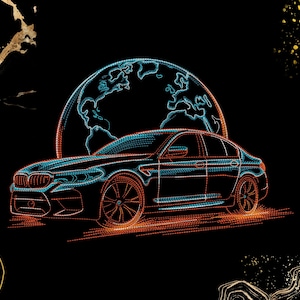 Puede incluir: Ilustración estilizada de un coche negro con detalles azules y naranjas, sobre un fondo de un contorno azul de la Tierra. La obra de arte está sobre un fondo negro con elementos decorativos dorados y blancos.