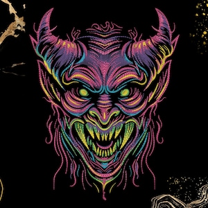 May include: A colorful illustration of a devil's face with horns, sharp teeth, and glowing green eyes. The artwork features a vibrant palette of pink, purple, yellow, and blue against a black background. The devil's face is detailed with intricate line work.