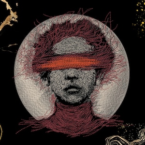 May include: An embroidered artwork featuring a central circular motif with a person whose eyes are covered by a thick red band. The figure is rendered in intricate black and white threadwork, set against a black background with gold accents.