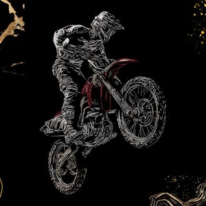 May include: A black and white illustration of a motocross rider on a red and white dirt bike, performing a wheelie. The rider is wearing a helmet and protective gear. The background is black with gold accents.
