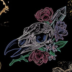 Raven Skull Embroidery Design | Floral Crystal Gothic Composition, Dark Botanical Art | Machine Embroidery File (Digital Download)