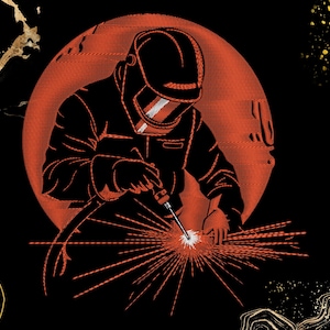 May include: Illustration of a welder in a black uniform and helmet, welding with sparks flying. The welder is set against a red circular background, with a black background and gold accents.