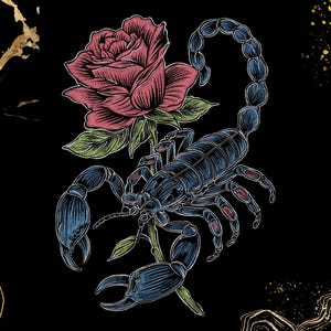 May include: A detailed graphic illustration featuring a dark blue scorpion positioned in front of a large, blooming red rose with green leaves. The design is set against a solid black background with abstract gold-coloured accents in the corners.
