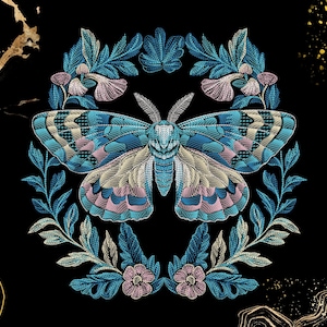 Diseño de bordado de polilla con corona floral / Arte botánico de mariposa / Parche para chaqueta o sombrero / Descarga digital / Motivo bohemio de la naturaleza / Dst, Exp, Pes Pec