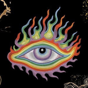May include: An embroidered patch featuring a central eye with a black pupil and a multi-colored iris. The eye is surrounded by concentric layers of rainbow-colored stitching that extend outward into flame-like shapes on a black background.