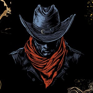 Puede incluir: Ilustración de un vaquero con sombrero, bufanda roja y abrigo oscuro. El rostro del vaquero está parcialmente sombreado, creando una estética misteriosa. La obra de arte está sobre un fondo negro con detalles dorados.