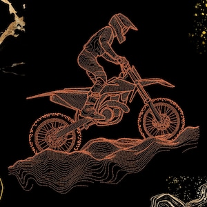 May include: An orange line art illustration of a person riding a dirt bike on a black background. The rider is wearing a helmet and protective gear. The bike is in motion, kicking up dust. The background has gold and white abstract shapes.