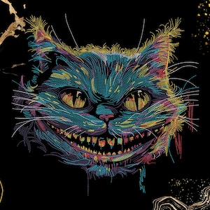 May include: A colorful, stylized illustration of a cat with a wide, toothy grin. The cat's fur is a mix of blue, green, yellow, and pink, and its eyes are bright yellow. The background is black.