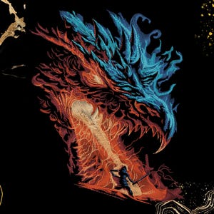 May include: A detailed illustration of a dragon with blue and red flames on a black background. A figure with a sword stands before the dragon. The artwork has a textured appearance, with gold accents.