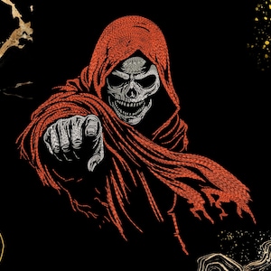 May include: A digital illustration of a skull figure in a red hooded cloak, pointing towards the viewer. The skull is white with detailed shading, and the cloak is a deep red. The background is black with gold patterns.