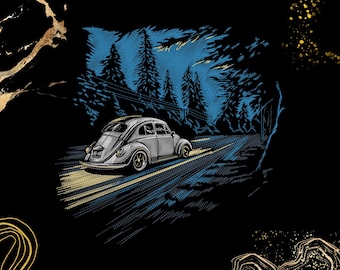 Car Night Drive Embroidery Design | Vintage Forest Scenic Road | Classic Car Lovers Gift | Digital Machine Embroidery File | Exp Dst Pes Pec