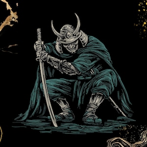 Ronin Warrior Embroidery Design | Kneeling Swordsman with Katana, Bushido Japanese Art | Machine Embroidery File (Digital Download)