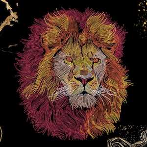 May include: A close-up of a lion's face with a red, orange, and yellow mane. The lion's eyes are open and the mouth is closed. The background is black.