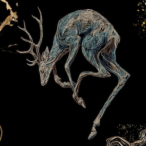 May include: A digital illustration of a leaping deer rendered in intricate, fine gold and teal lines against a solid black background. The artwork features abstract gold marble-like accents in the corners and a textured, layered line-art style.