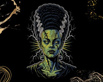 May include: A graphic illustration of the Bride of Frankenstein featuring a green-skinned figure with a tall black beehive hairstyle, white streaks, neck bolts, and cracked skin. The background includes white lightning bolts on a black field.