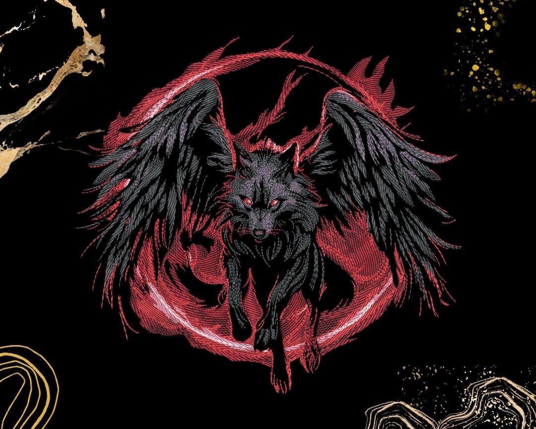 Wolves Dst Dark Angel Wolf Embroidery Design | Fallen Winged Wolf Gothic Art ...