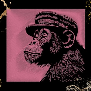 May include: A black and pink illustration of a chimpanzee wearing a hat. The chimpanzee is in profile, with detailed linework creating texture. The background is pink, and the overall design has a vintage aesthetic.