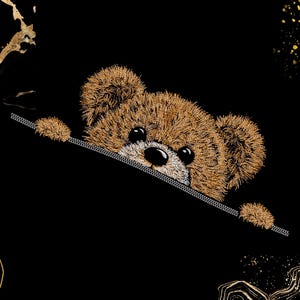 May include: A brown teddy bear peeking out from behind a black surface. The bear has a fluffy texture and a zipper detail. The background is black with gold accents.