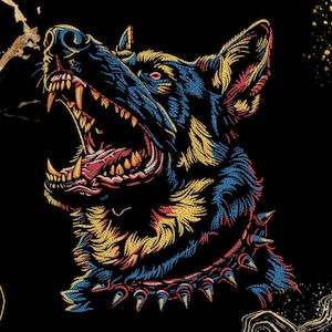 Puede incluir: Ilustración digital de la cabeza de un perro gruñendo, en colores vibrantes. El pelaje del perro es una mezcla de azul, amarillo y rojo, con dientes afilados y un collar con púas. El fondo es negro con detalles dorados.