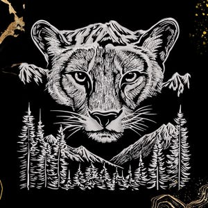 May include: A detailed black and white illustration of a cougar's face, framed by mountain peaks and a forest of pine trees. The artwork has a nature theme, with a focus on wildlife and the outdoors.