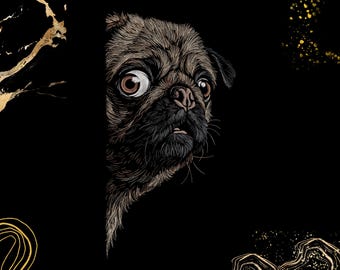 May include: A detailed illustration of a pug head on a black background. The dog has brown eyes, a wrinkled face, and dark fur with fine tan highlights. The composition includes abstract gold-coloured line art and speckles in the corners.