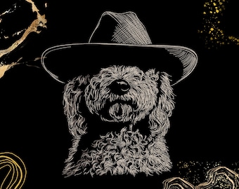 May include: A white line art illustration of a curly-haired dog wearing a wide-brimmed hat against a black background. The design features gold-coloured abstract marble-like patterns and scattered gold speckles in the corners of the composition.