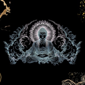 May include: An illustration of Buddha in meditation, with a soft glow emanating from the figure. The artwork uses detailed lines in blue and white, set against a black background with gold accents. The design creates a sense of peace and spirituality.