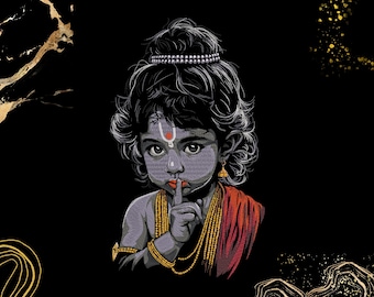May include: A digital illustration of a dark-skinned child with wavy hair, wearing a pearl headband, gold necklaces, and a red garment. The child has a red and white mark on their forehead and is holding a finger to their lips in a shushing gesture.