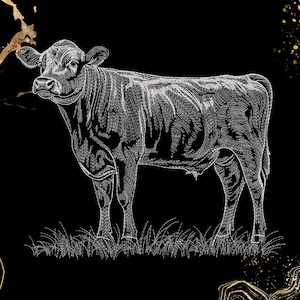 Könnte beinhalten: Eine weiße Strichzeichnung einer Kuh, die auf einem schwarzen Hintergrund im Gras steht. Das Design zeigt detaillierte Kreuzschraffuren auf dem Körper des Tieres sowie dekorative goldfarbene abstrakte Formen in den Ecken des Bildes.