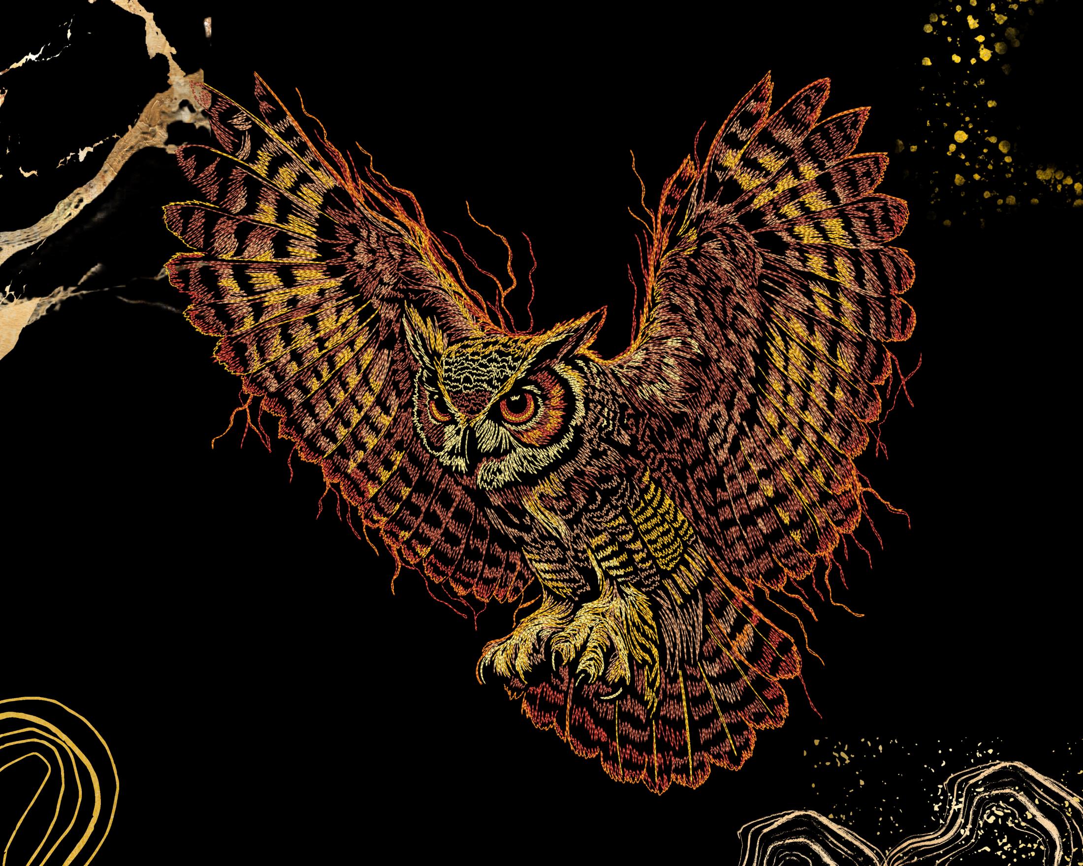 Flying Owl Embroidery Design | Wings Spread Gothic Bird Art | Jacket Hoodie Patch DIY | Digital Down