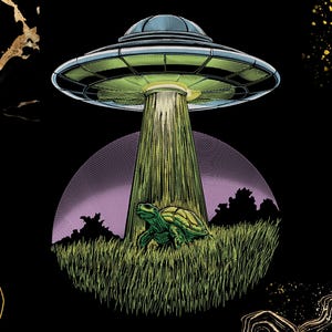 Puede incluir: Una ilustración gráfica sobre fondo negro que muestra una tortuga verde en un campo de hierba. Un OVNI de metal plateado flota sobre la tortuga, emitiendo un haz de luz vertical brillante que ilumina a la tortuga y la hierba circundante.