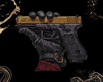 May include: A stylised illustration of a handgun with a metallic gold slide and a textured black frame. The firearm is held by a gloved hand featuring a dark grey glove with a gold buckle and a red ribbed cuff, set against a solid black background.