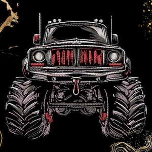 Puede incluir: Ilustración de un monster truck negro y rojo. La vista frontal muestra un diseño detallado del vehículo, incluyendo neumáticos grandes, una parrilla prominente y faros. El fondo es negro con detalles dorados.