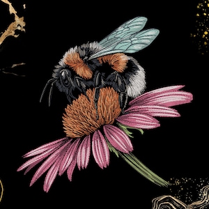 Può includere: Illustrazione ricamata di un calabrone posato su un fiore rosa di echinacea. L'ape ha un corpo nero e arancione con ali blu. Il fiore ha un centro marrone e uno stelo verde, su sfondo nero con accenti dorati.