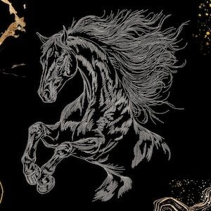May include: A detailed, stylized illustration of a rearing horse in a black and white color scheme. The horse is depicted with flowing mane and tail, set against a black background with gold accents.