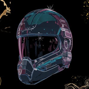 Puede incluir: Un gráfico de casco integral representado en una paleta de colores oscuros con detalles de líneas en color verde azulado, magenta y blanco. El diseño presenta una visera prominente, puertos de ventilación y contornos mecánicos.