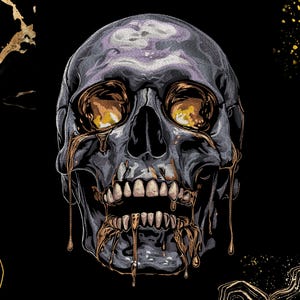 Diseño de bordado de calavera derretida en oro / Cuencas oculares doradas goteando, arte gótico de terror / Archivo de bordado a máquina (descarga digital)