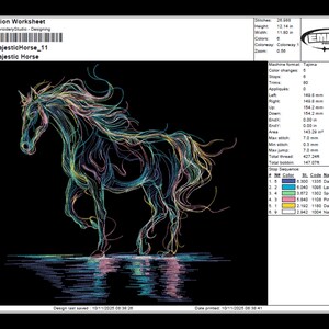 以下が含まれることがあります： 「Majestic Horse」というタイトルのデジタル刺繍デザイン。青、ピンク、黄色の色合いで、流れるようなたてがみと尾を持つ馬のシルエットが描かれています。デザインの高さは30.84cm、幅は29.97cmで、背景は黒です。