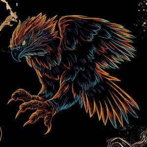 Pode incluir: Ilustração digital de uma águia em voo, com intrincado trabalho de linha. As penas da águia são um gradiente de laranja, amarelo e azul sobre um fundo preto. A obra de arte tem uma aparência detalhada e texturizada, com detalhes dourados.