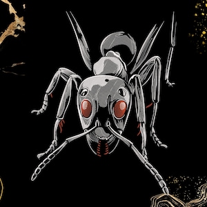 Puede incluir: Ilustración detallada de una hormiga sobre un fondo negro con detalles dorados. La hormiga está representada en tonos grises y blancos, con llamativos ojos rojos. La obra de arte tiene un estilo de diseño gráfico.