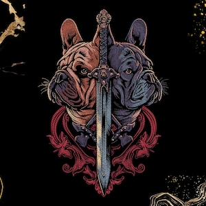 Puede incluir: Ilustración digital de dos bulldogs franceses enfrentados, divididos por una espada. Un perro es marrón, el otro azul. La espada tiene una empuñadura detallada. Un diseño floral rojo y burdeos está debajo, todo sobre un fondo negro.