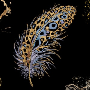 May include: A detailed illustration of a feather with a black background. The feather features a gold and blue pattern with intricate details. The feather's base is a soft, silvery color.