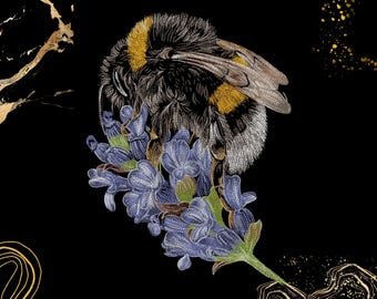 May include: A detailed illustration of a fuzzy bumblebee with yellow and black stripes perched on a cluster of purple lavender flowers. The design is set against a solid black background with abstract gold line accents and gold speckles.