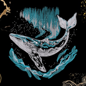 Puede incluir: Un dibujo de línea blanca de una ballena nadando en un cielo estrellado azul y blanco. La ballena está delineada en blanco y tiene una cola azul. El fondo es negro.