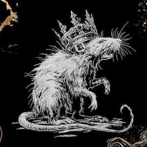 Pode incluir: Ilustração a preto e branco de um rato coroado com a boca aberta. O pelo é texturizado. O fundo preto é complementado por detalhes dourados, criando um contraste marcante.