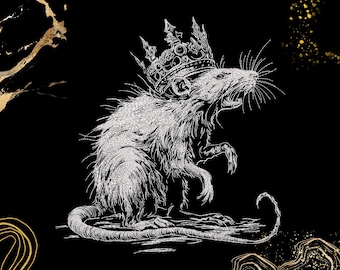 May include: A detailed black and white illustration of a rat wearing a crown. The rat is depicted with its mouth open, and its fur is textured. The background is black with gold accents, creating a striking contrast.