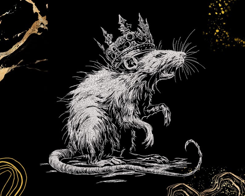May include: A detailed black and white illustration of a rat wearing a crown. The rat is depicted with its mouth open, and its fur is textured. The background is black with gold accents, creating a striking contrast.